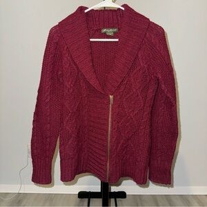 Eddie Bauer Womens Zip Front Sweater Maroon Purple Fold Collar Size Small